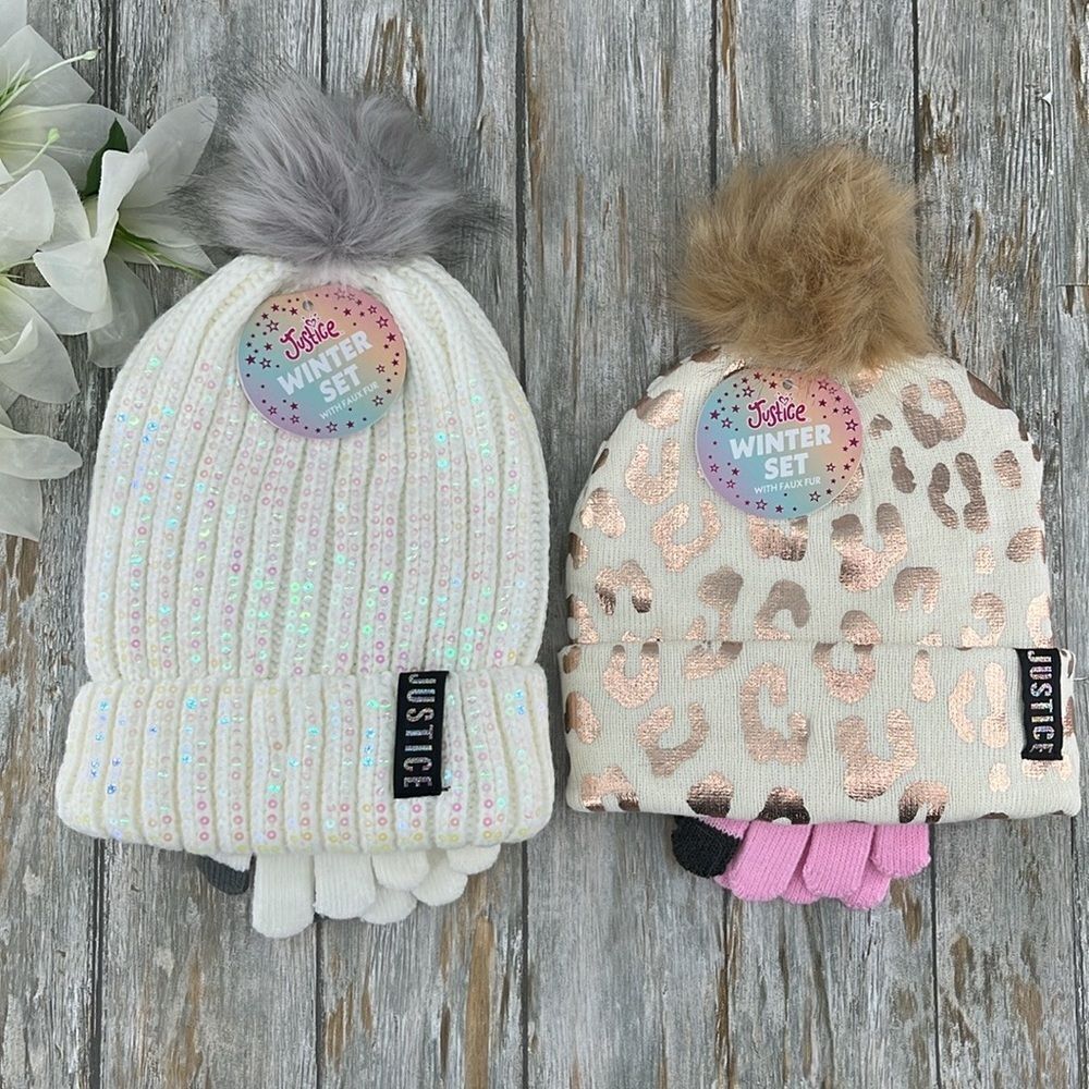 Girls Justice Ribbed & Full Print Winter Cozy Beanie and Gloves 2, 2-Piece Sets